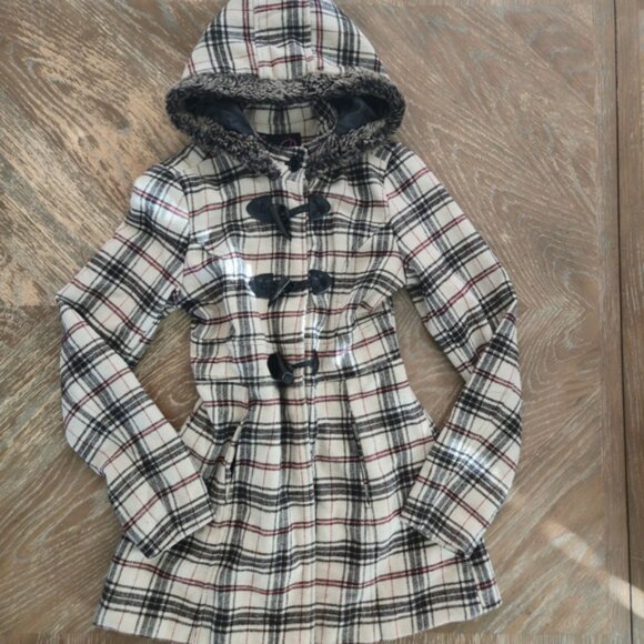 Say What? Plaid Toggle Coat w/ Faux Fur Hood Women’s M Beige Red Black - Picture 1 of 12